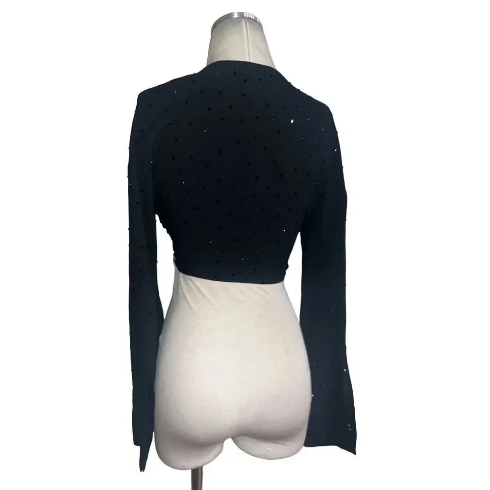 Blumarine Hot Fix Crystal Long Sleeve Crop Top in Nero Black 38 2 Womens Cropped
